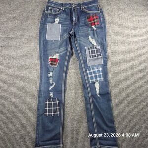 JW Style Distressed Patchwork Plaid Denim Jeans Womens 10 Blue Straight Leg